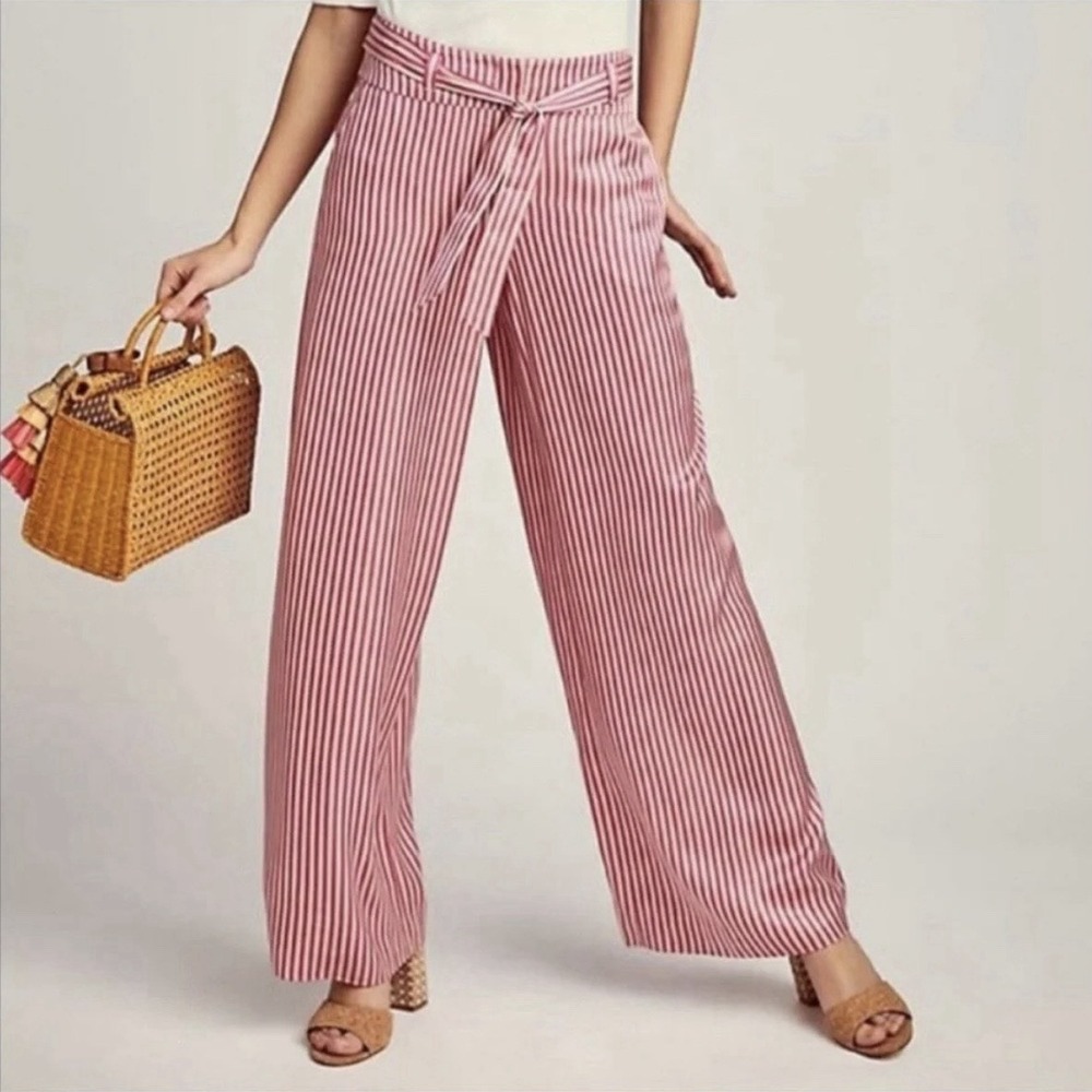 Anthropologie ettitwa Ventura Wide Leg Trousers Pink White Striped Belted Size 4